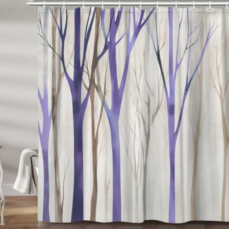 

Brown Purple Tree Fabric Shower Curtain Art Style Abstract Birch Forest Rustic Wood Polyester Fabric Waterproof Bath Curtain Fa