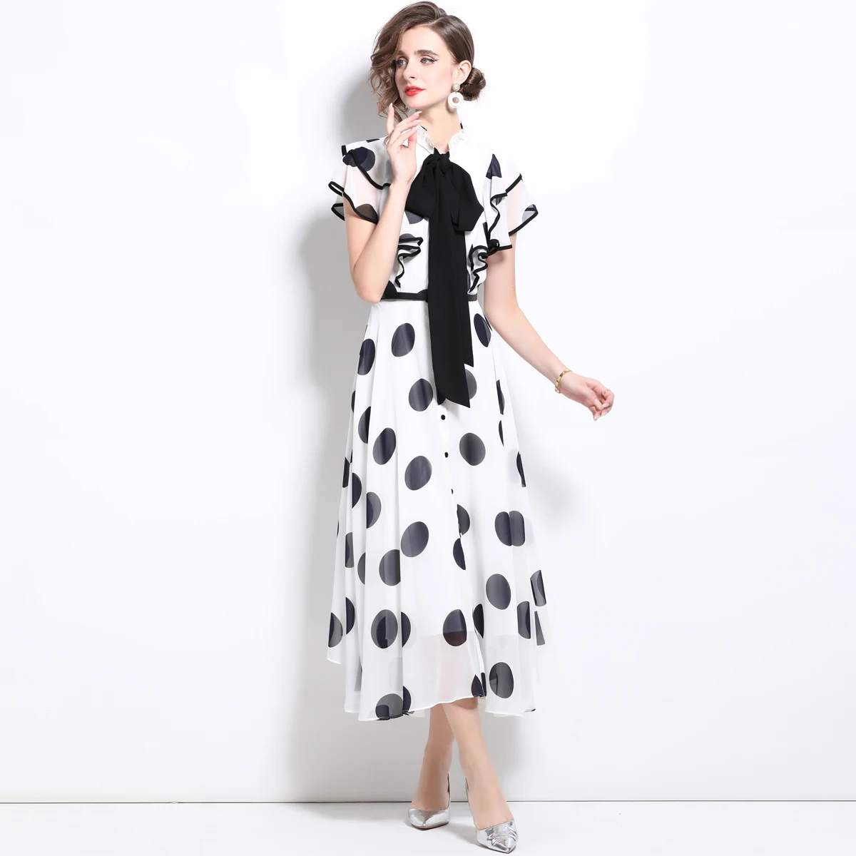 French Luxury Banquet Dress Ruffled Polka Dot Chiffon Long Skirt Ladylike Dress