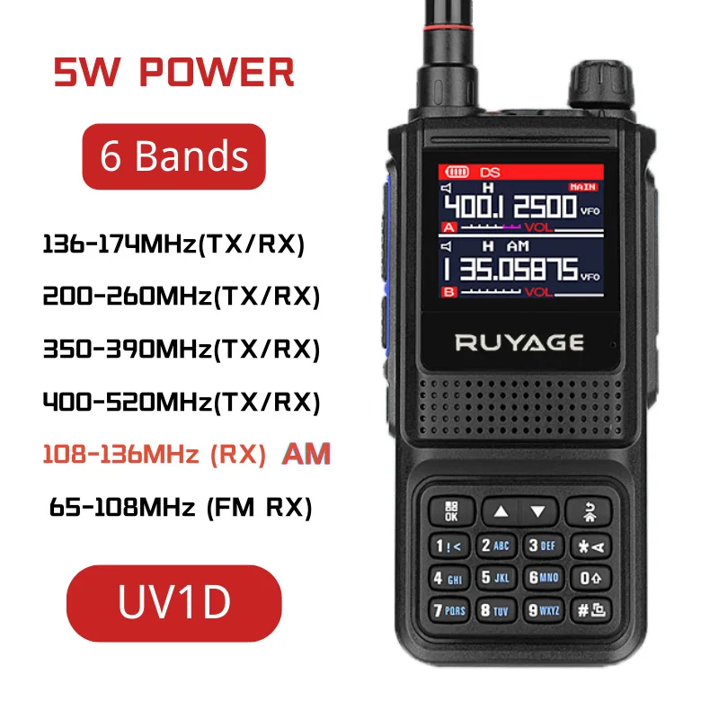 

Ruyage-UV1D 5W 6 Bands Amateur Ham Two Way Radio Station, 256CH Air Band Walkie Talkie, NOAA LCD Color Police Scanner, Aviation