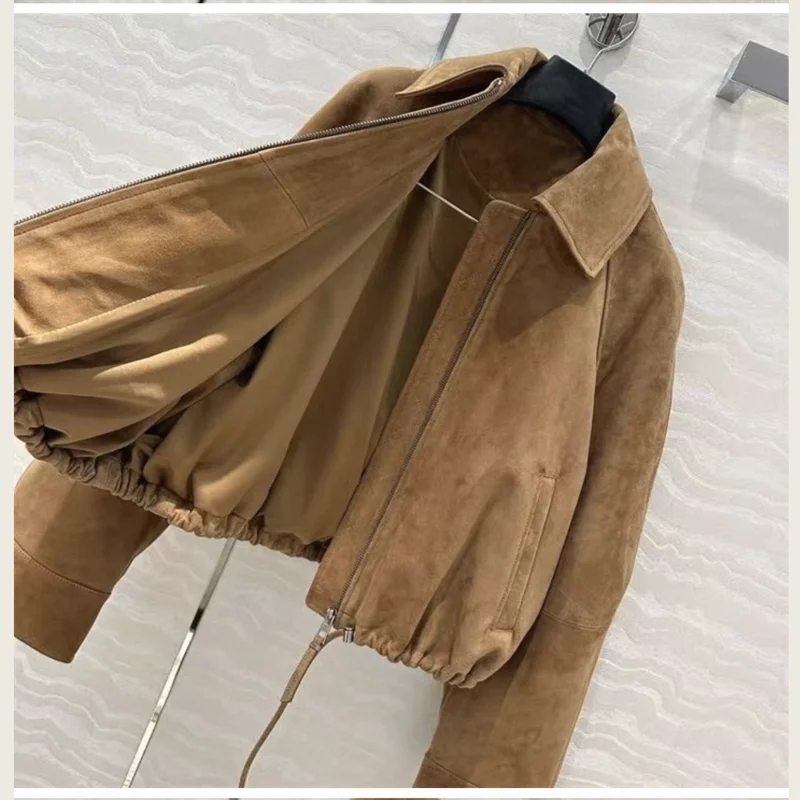 Retro หนังดอกไม้ Bud แจ็คเก็ตผู้หญิงอินเทรนด์เด็ก Suede Drawstring Silhouette สั้นเสื้อ Streetwear Chill Casaco Feminino