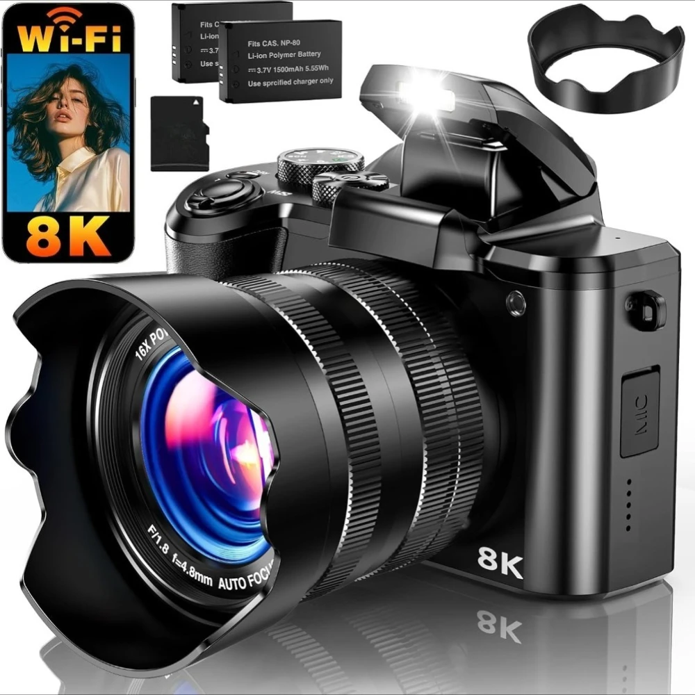 8K Digitalkamera 88MP WLAN Vlogging-Kamera 3,2" Touchscreen 16-fach Zoom Autofokus Anti-Shake Dual-Objektiv für YouTube 2 Akkus 64G