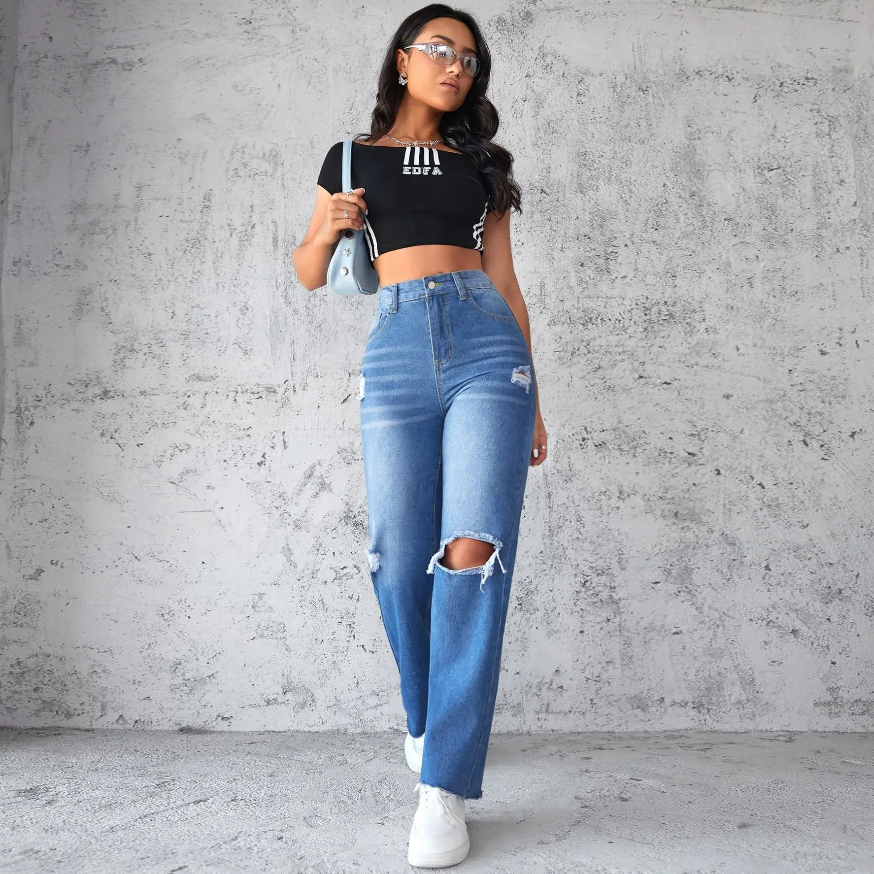 Straight Leg Ripped Loose Jeans, Women's Spring and Autumn New Water Washing Jeans, Personality Abrade Broken Wide-leg Pants