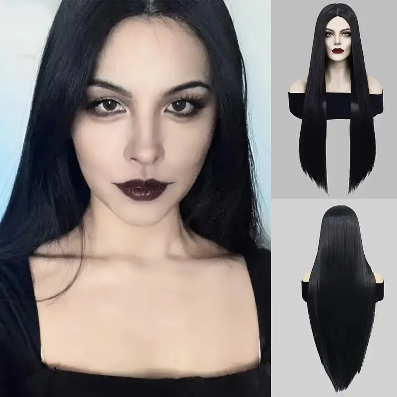 Cosplay Addams Family wig black middle-parted long straight hair Halloween full headpiece