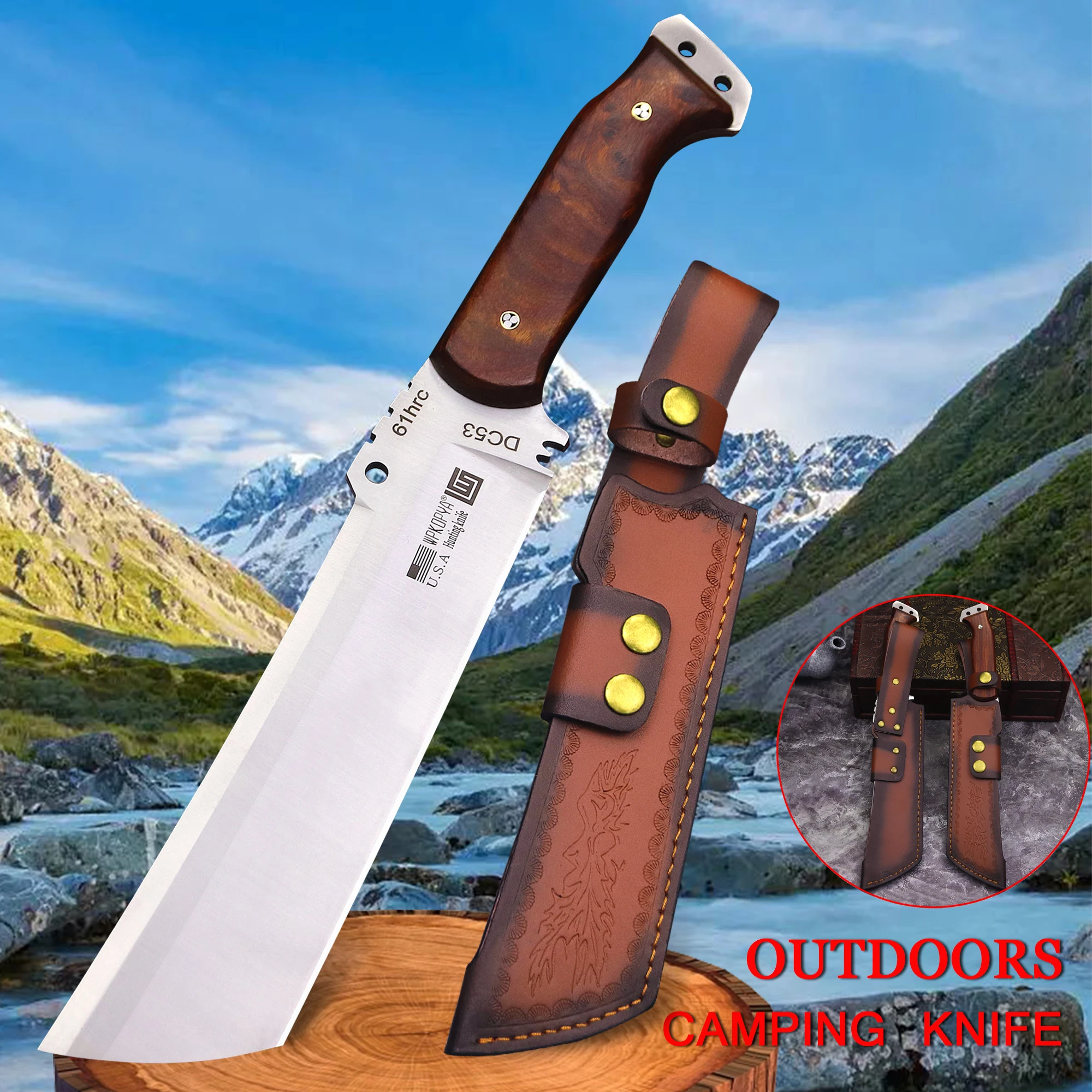 WPKOPYA(USA) Upgraded and thickened DC53 multi-functional Full Tang Chai knife + leather sheath, outdoor camping tool knife