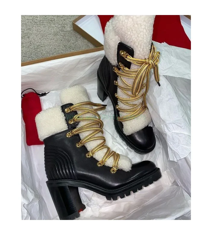 Design Lace up Chunky High Heel Fluffy Ankle Boots Lady Round Toe Leather Warm Fur Boots Fashion Show Women Shoes 2024