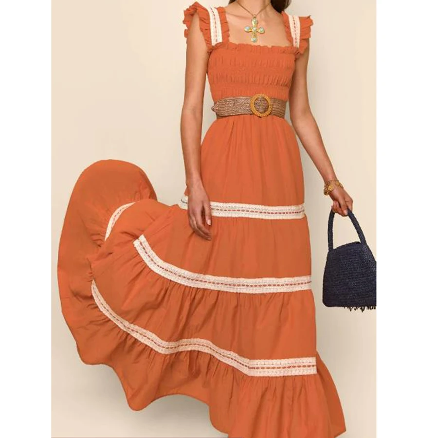 2025 여성 패치워크 여름 캐미 롱 드레스 플라워 프린트 슬리브리스 스퀘어넥 롱 플로위 A라인 비치 드레스