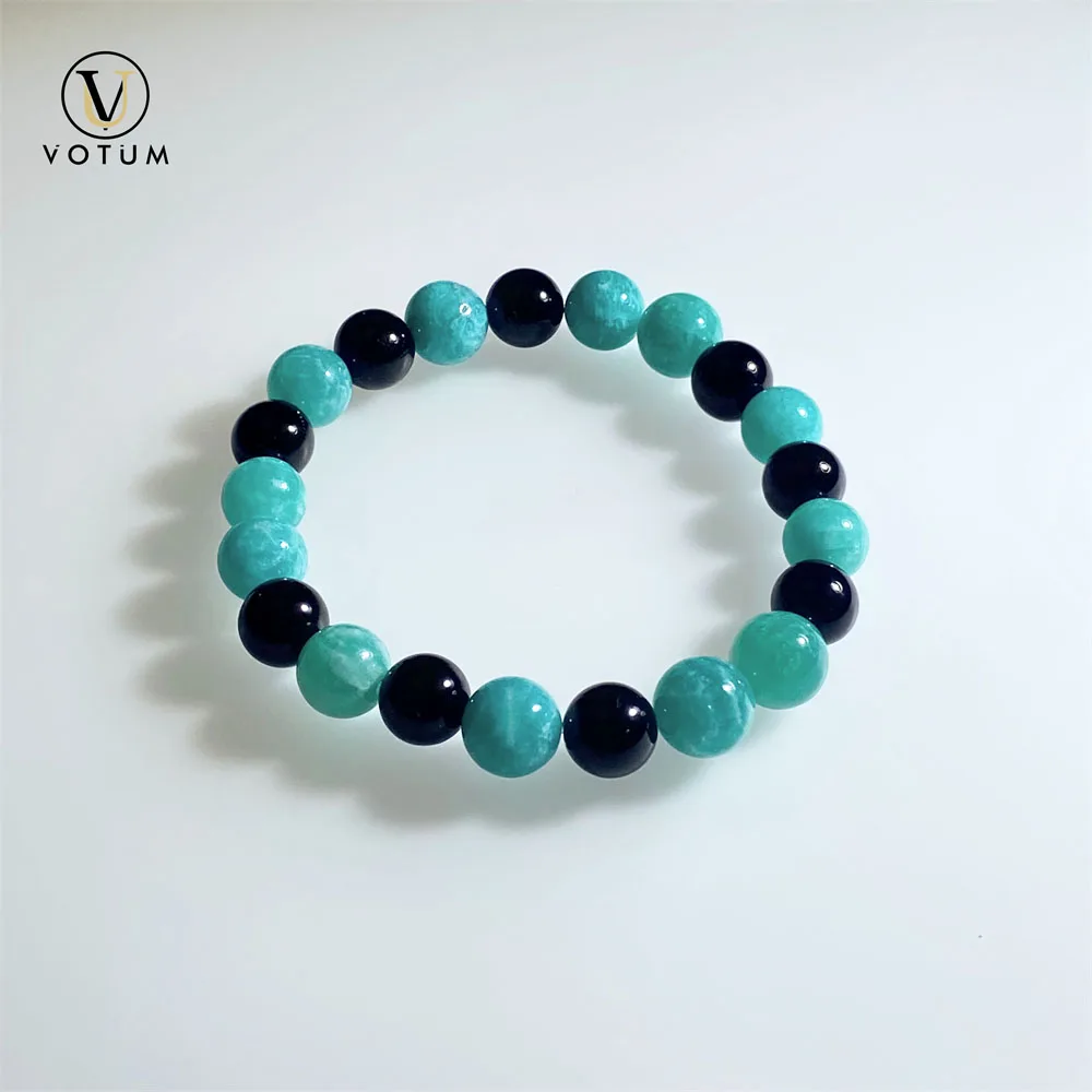 Votum Natural Amazonite Black Tourmaline Beaded Bracelet Chakra Energy Protection Crystal Healing Stone Wrist Band Gift Jewelry