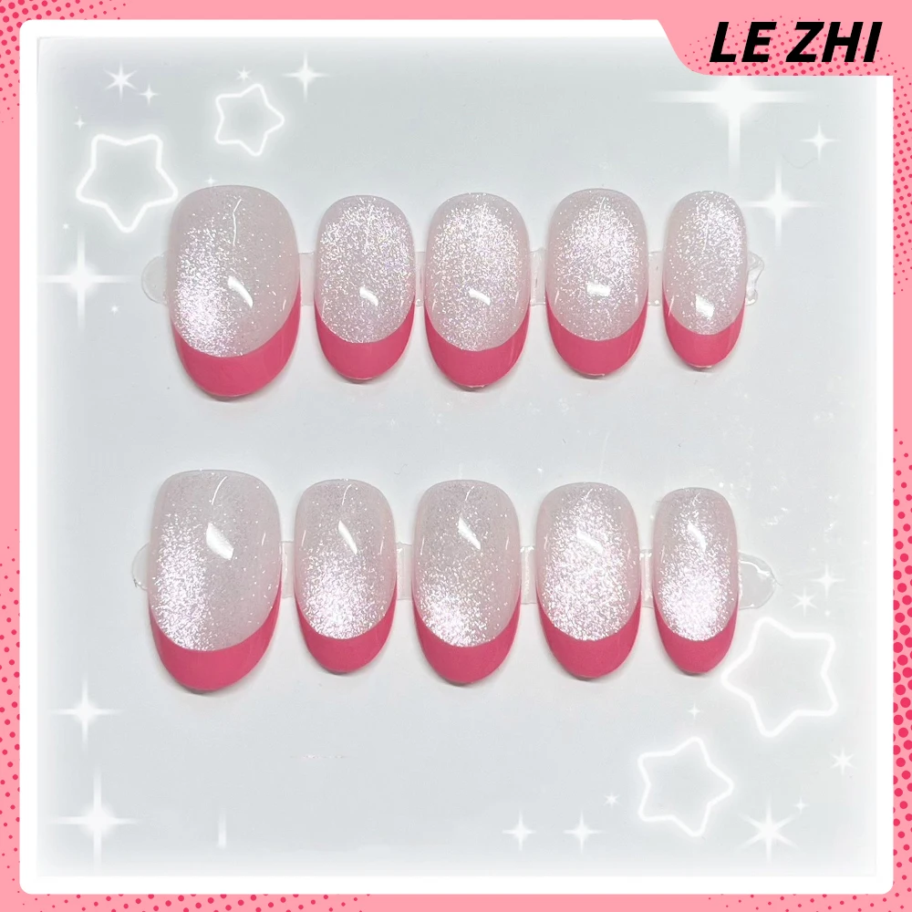 جميل قصير مربع جولة اليدوية يمكن ارتداؤها غطاء كامل الأظافر Kawaii أرنب مرسومة باليد القوس زهرة الماس القط عيون اضغط على الأظافر #5