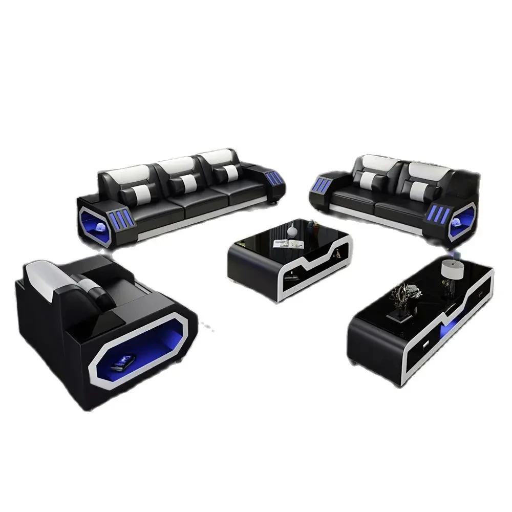 Manbas Lederen Sofa Set Met Led Licht Woonkamer Meubelen Couch Banken Modernos Para Sala Grandes Sofás Met Usb Opladen, tabl