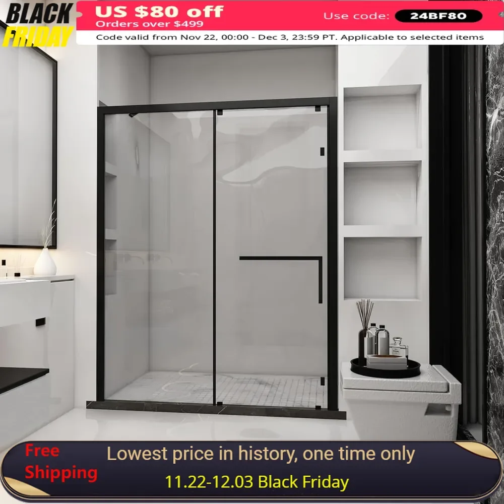 

Sliding Shower Door, 59“ X 74.8”, Aluminum, with Seal Strip Components and Handle, Sliding Rollers, Reversible,Glass Shower Door