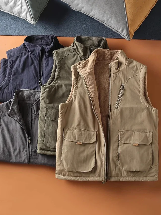 

Мужской уличный ветрозащитный водонепроницаемый жилет с флисовой подкладкой, теплый, двусторонний, с множеством карманов, рабочая одежда, осенняя новинка