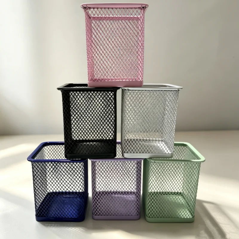 Multicolor Square Metal Mesh Pen Holder Desktop Pencil Organizer Office Stationery Storage Cup
