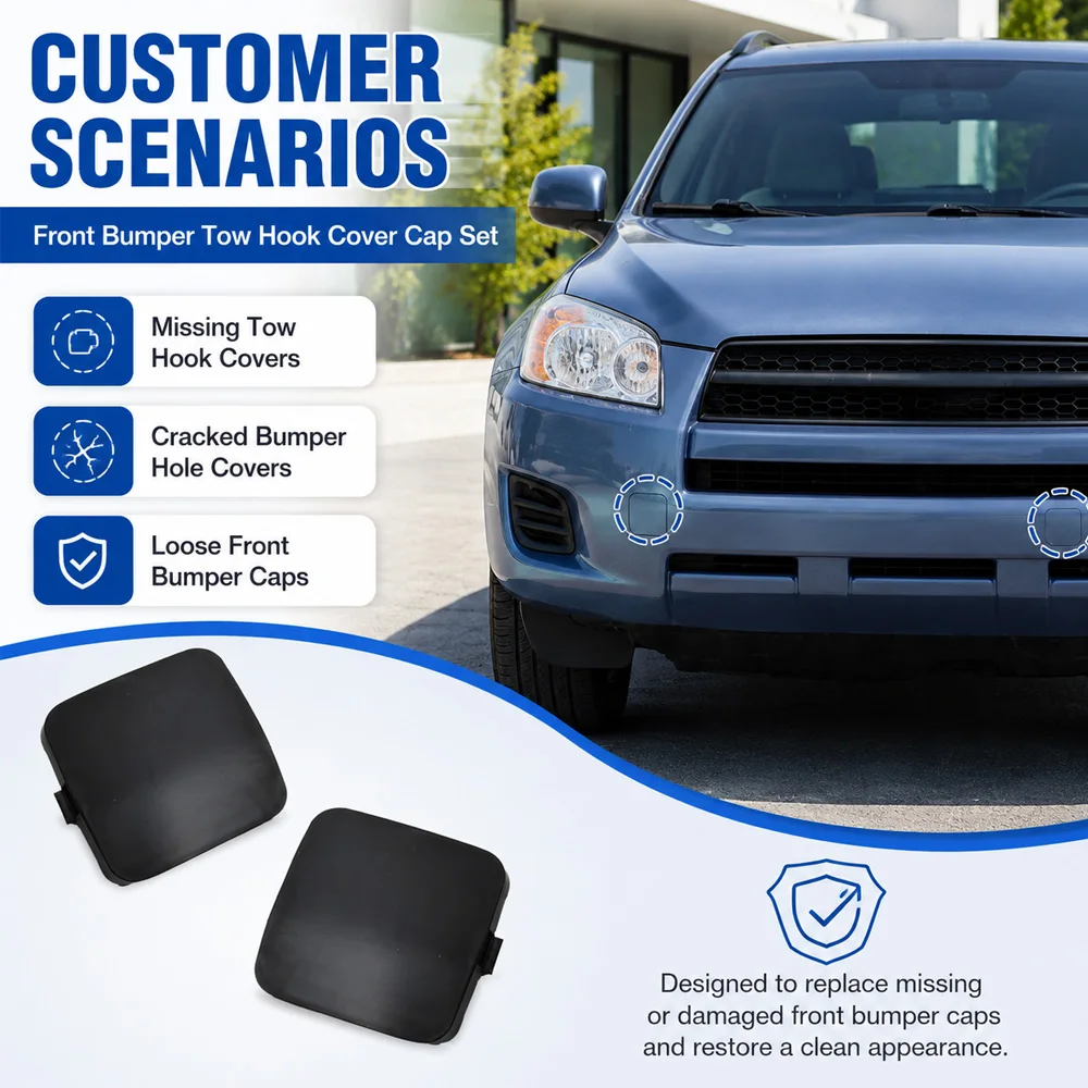 For Toyota RAV4 Base Sport 2009 2010 2011 2012 US Version 2Pcs Car Front Bumper Tow Hook Cover Cap  53286-42928, 53285-42927