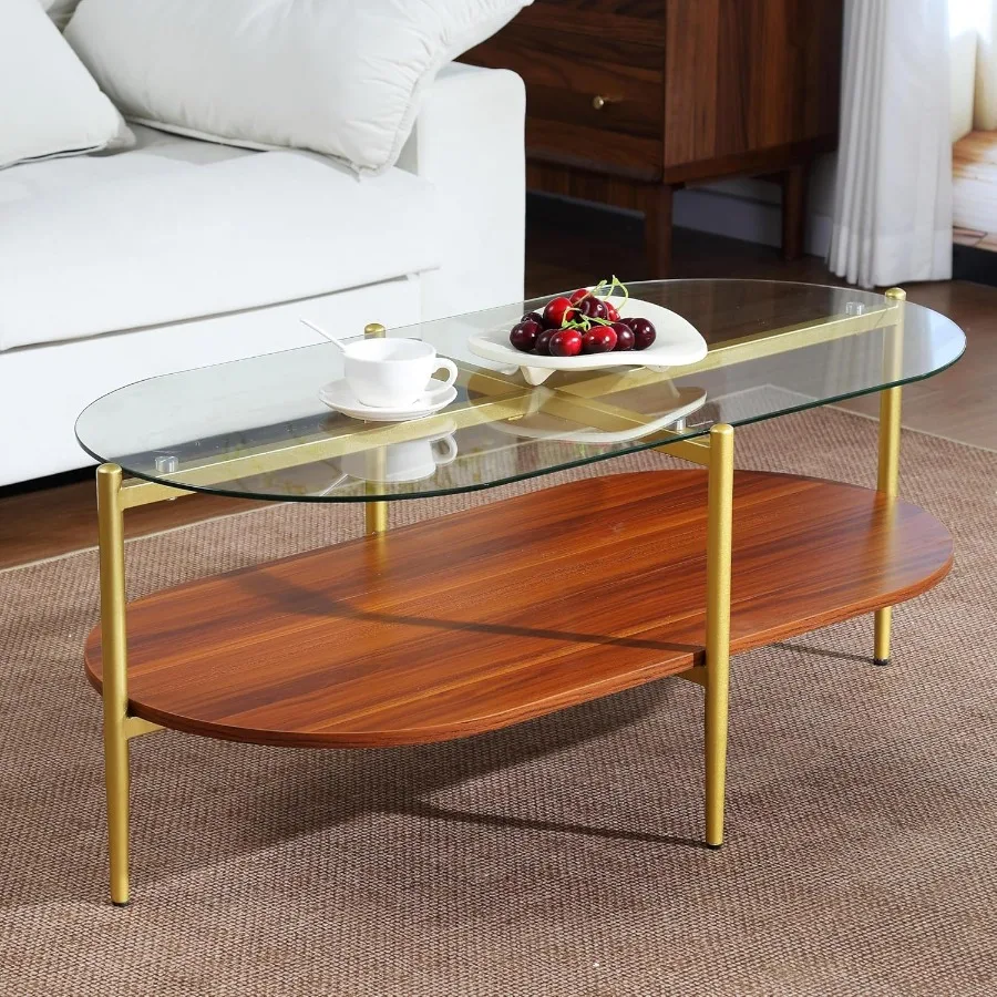 

Овальный журнальный столик из прозрачного стекла, современный стол для гостиной середины века с прозрачной стеклянной столешницей, однотонной коричневой полкой для хранения и прочной