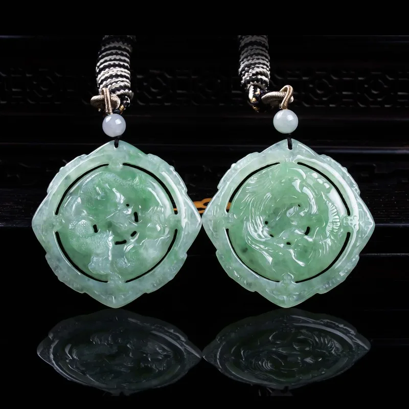Natural A-grade jadeite dragon phoenix shaped auspiciou hollow out three-dimensional exquisite jade high ice couple jade pendant