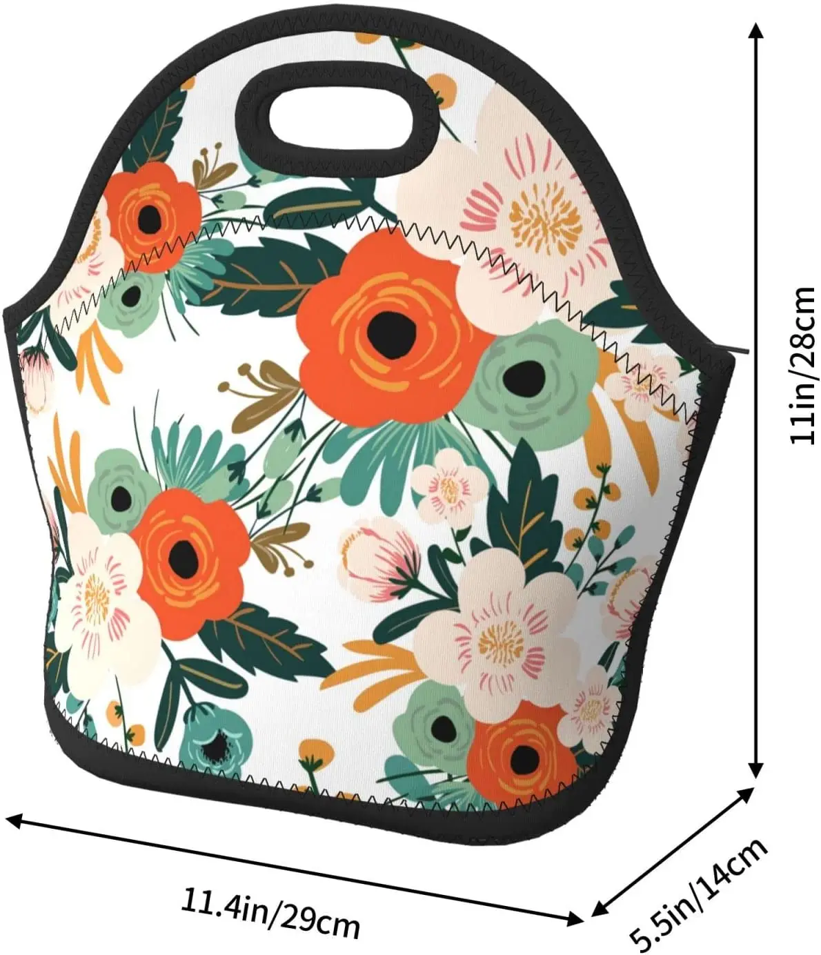 Orange Flowers Neoprene Lunch Bag, Insulated Lunch Box for Women, Reusable Lunch Tote Bags with Zipper for Work School Picnic