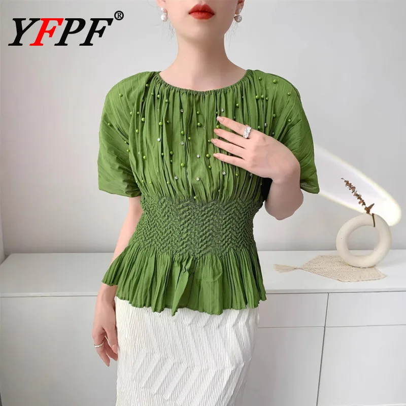 

YFPF Miyake Pleated Summer Blouse Women Casual Beading Spliced Short Sleeve Gathered Waist Tops Fashion 2025 New Clothing 3A388
