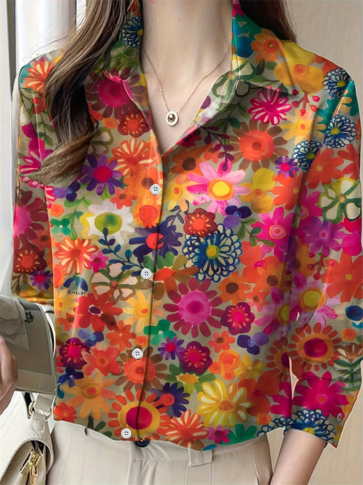 

New Ladies Lapel Long Sleeve Shirt Ladies Elegant Design Loose Fit Floral Pattern Printed Shirt Daily Casual Office Tops