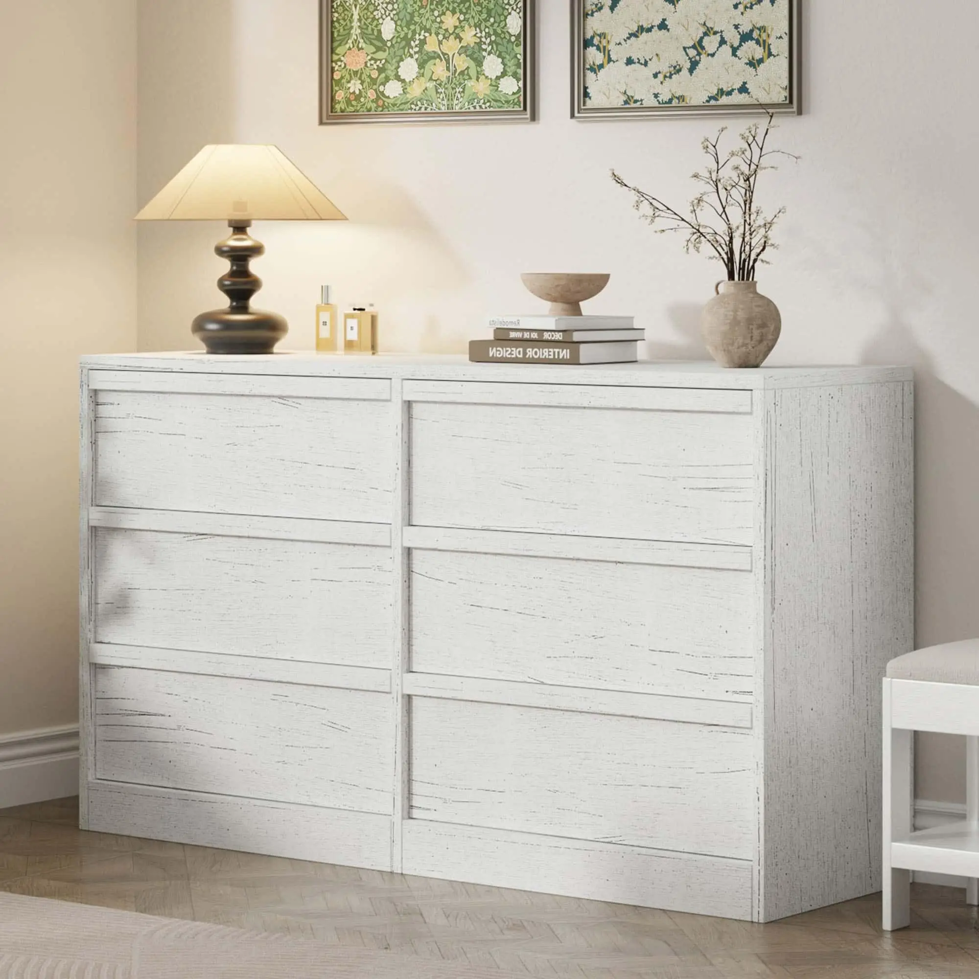 Spacious Wooden Dining Table - 6 Drawer Wide Storage Chest - Freestanding Design - Modern Antique White Finish - Ideal for Dining Room, Bedroom, Living Room, Nursery