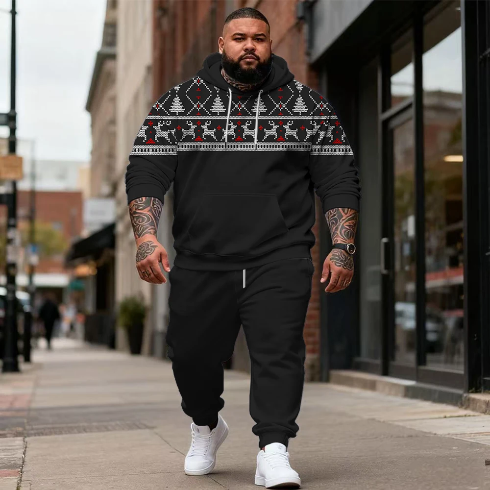 

S-9xl plus size Big & Tall Men's Hoodie Set: Ethnic, Texture Plaid - 2-Piece Outfit, Breathable Material, Stylish Designs,