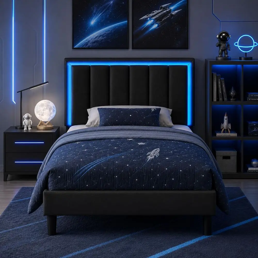 

IMMERSTABLETwinSizeBedewithRGBLEDLights,PULeatherUpholsteredPlatormBed,NoBoxSpringNeeded,QuietDesign,EasyAssemblyorKidsTeenagers