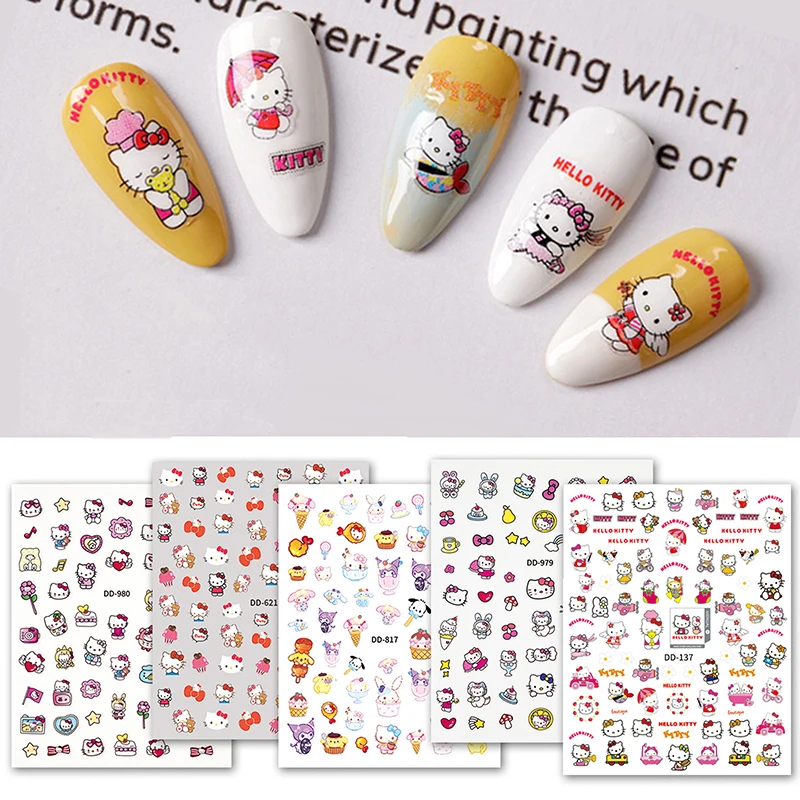 1 Sheet Sanrio Hello Kitty 3D Nail Stickers Press On Nails Cartoon Kuromi Cinnamoroll Stickers Nail Art Decoration