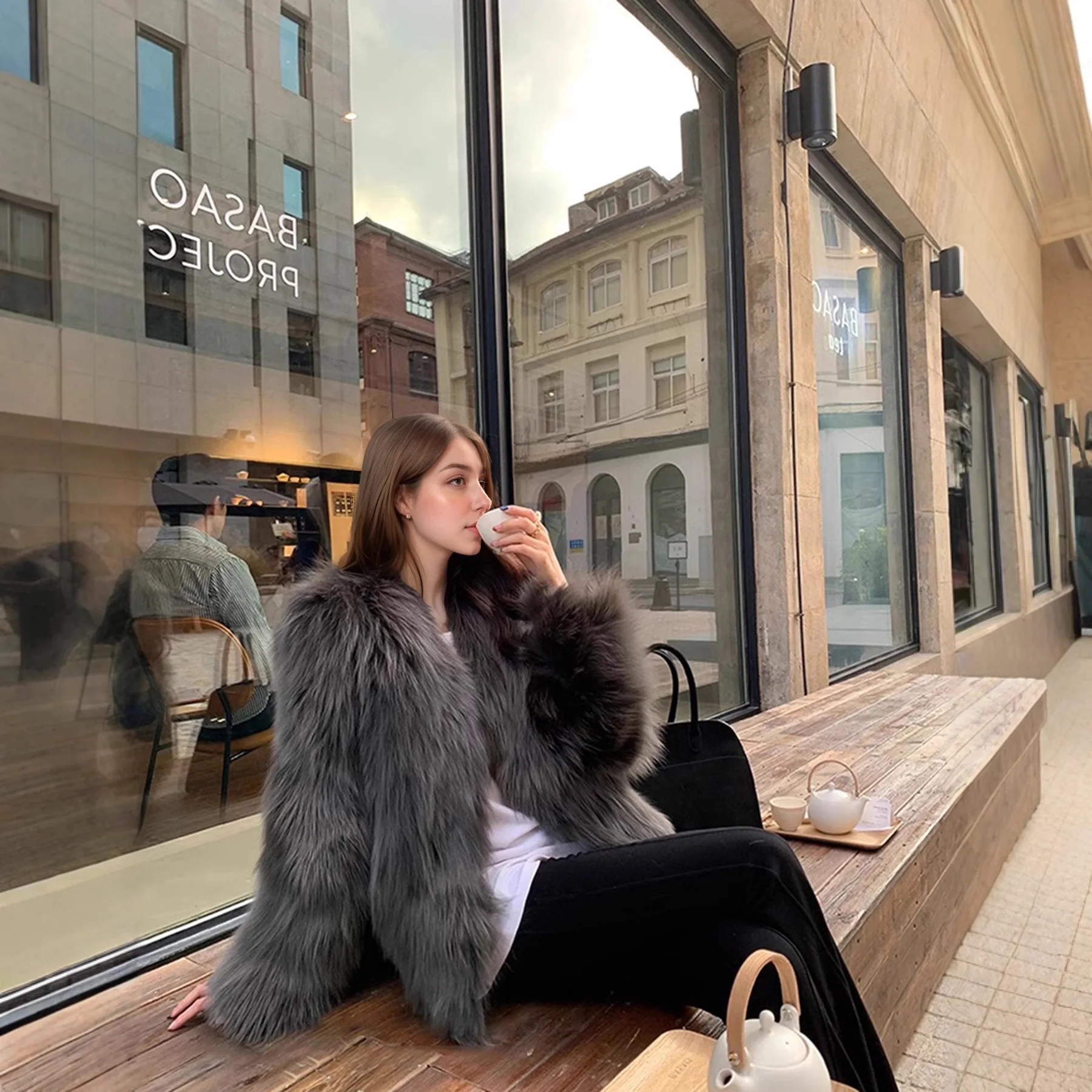 فو الفراء معاطف النساء سترات من الفرو قصيرة الخامس الرقبة طويلة الأكمام المفتوحة غرزة سميكة الدافئة الفراء فضفاضة مكتب سيدة عادية 2025 الخريف الشتاء #5