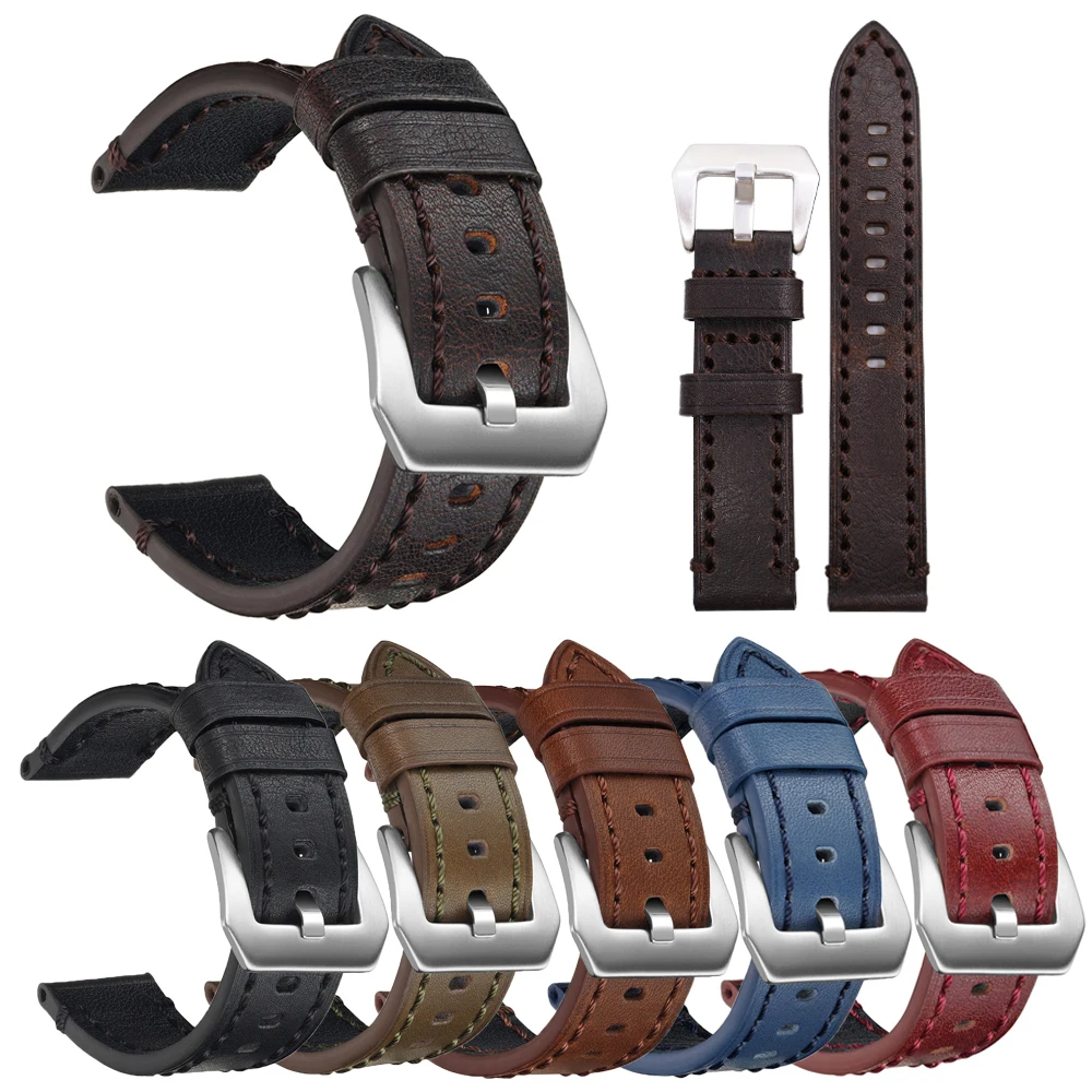 خمر حزام ساعة جلد طبيعي مخيط يدويا ساعة رجالي فاخرة حزام من الجلد 20 مللي متر 22 مللي متر 24 مللي متر