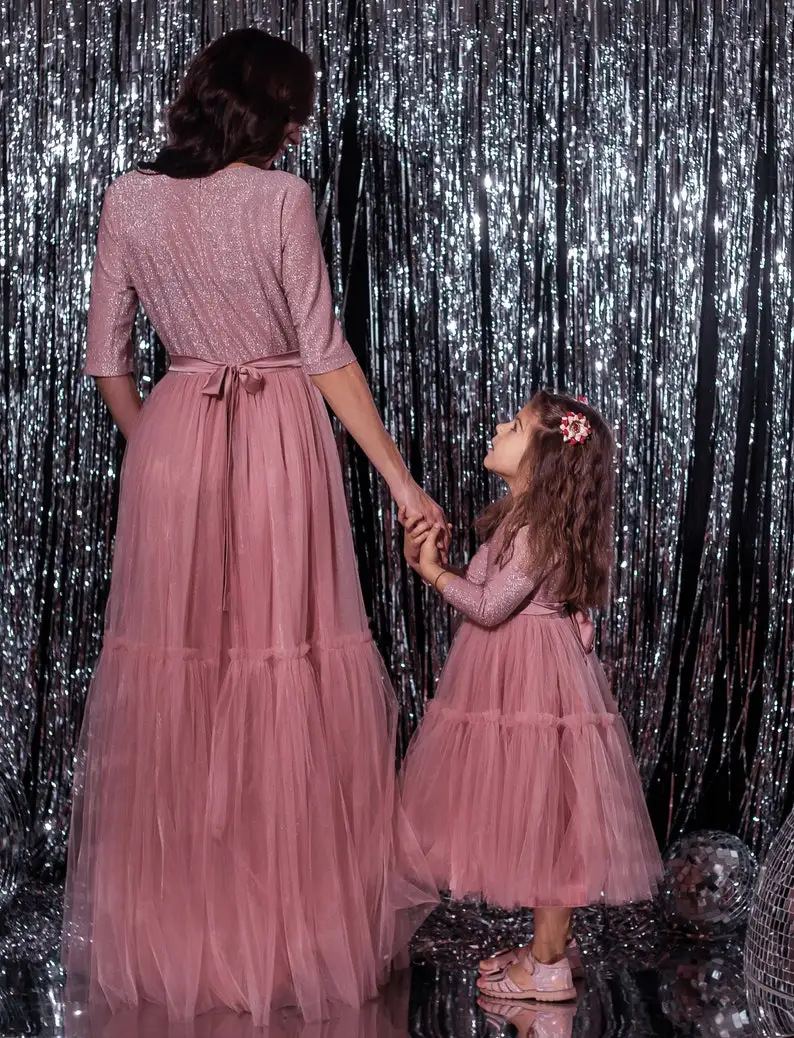 Powder Mother Daughter Dresses for Photoshoot and Special Occasion for Mother and Daughter Stretch Fabric with Shiny Threadzbp