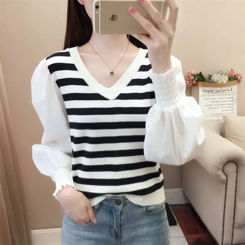 

Casual Long Sleeve Striped Patchwork Pullovers Top Autumn New V Neck All-match Loose T Shirt Tops Fashion Vintage Women Clothing