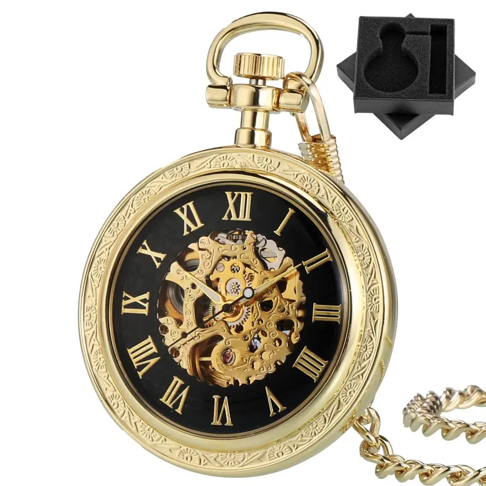 

Автоматические механические карманные часы с римскими цифрами, открытый циферблат, цепочка, кулон, карманные часы с автоподзаводом, подарок