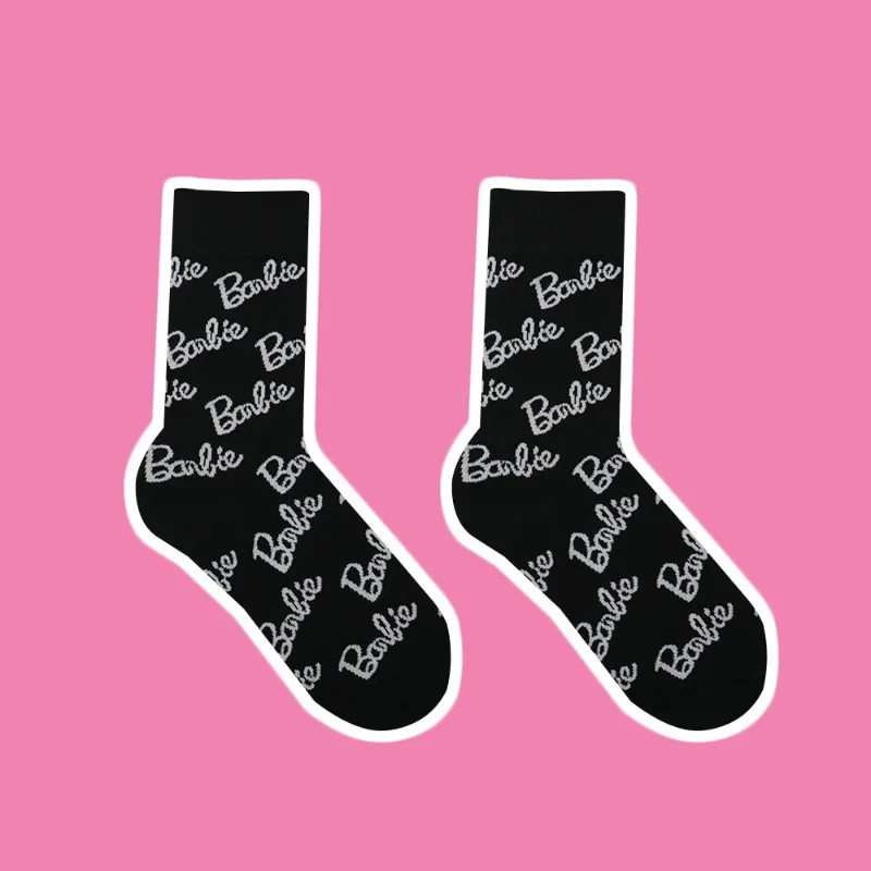KAWAII Barbie Trendy Black and White Full Print Pink Letter Socks Sports Ventilation Socks Cotton Women Accessories Wholesale