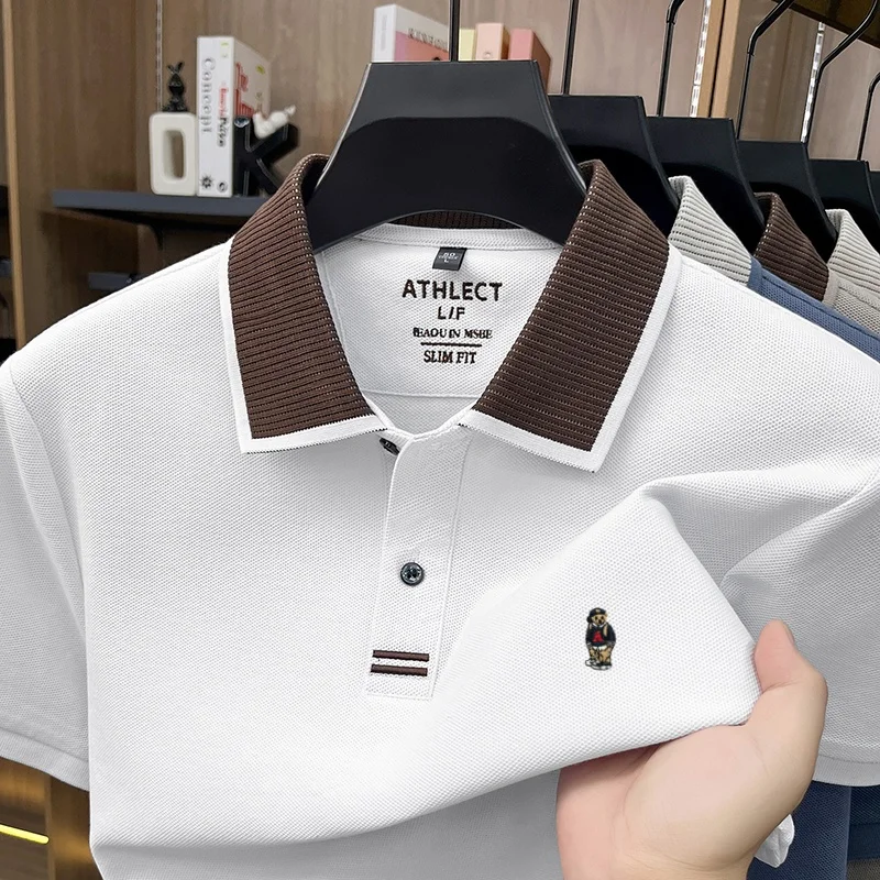 High end 100%cotton polo shirt short sleeve summer men's luxury brand cartoon bear embroidery new comfort casual fashion T-shirt