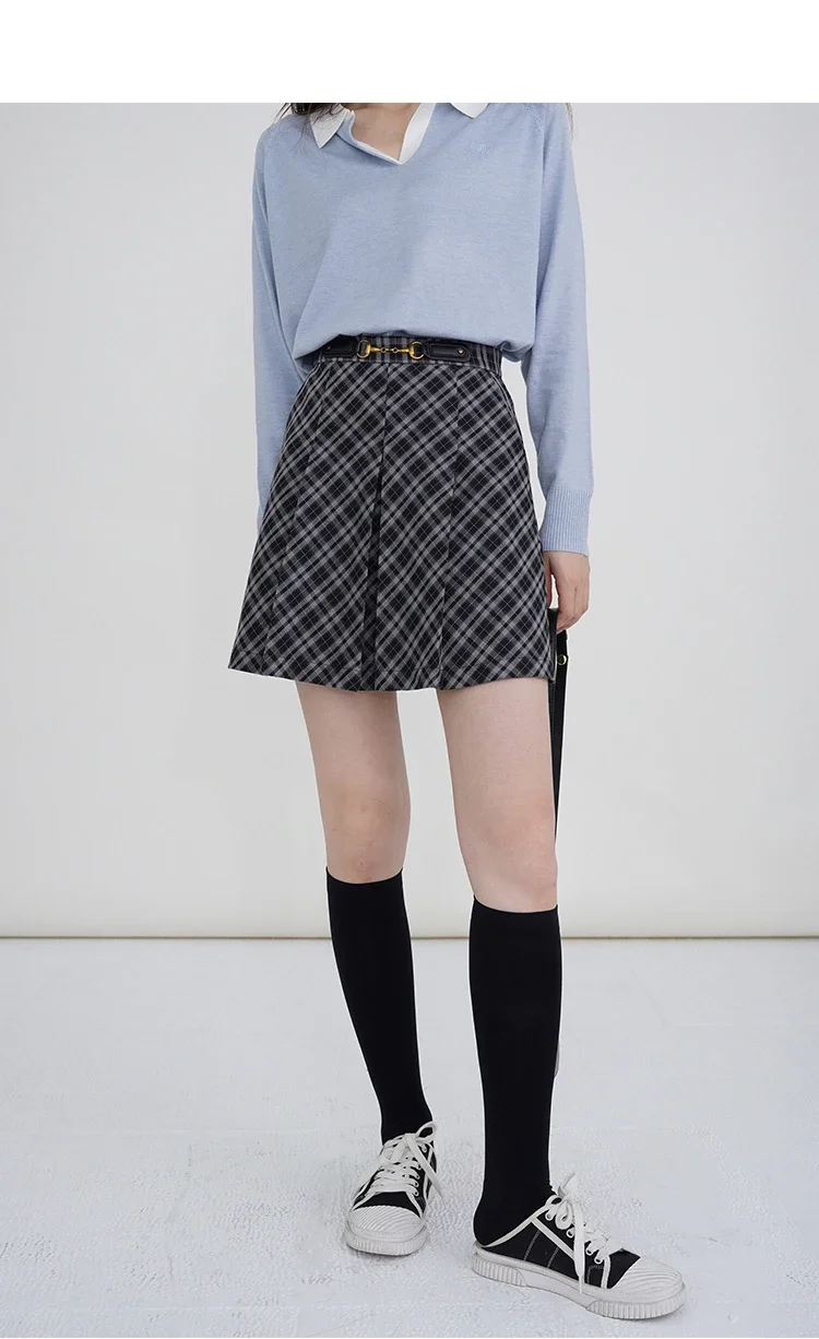 Jupe trapèze à carreaux Vintage pour femmes, Mini jupe plissée, Look Preppy mignon, coupe cintrée, Design à carreaux avec boucle en cuir contrastée