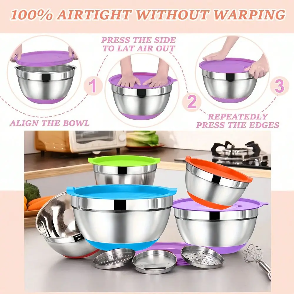 

Mixing Bowls With Lids Set, Airtight Lids, Thicker Stainless Steel Mixing Bowl Set, Nesting Bowls With Grater Attachments NonSl