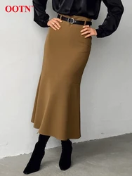 OOTN Autumn Brown Trumpet Skirts Women 2024 Fashion Solid Thin Office Lady Long Skirts Elegant High Waist Party Midi Skirts Sexy