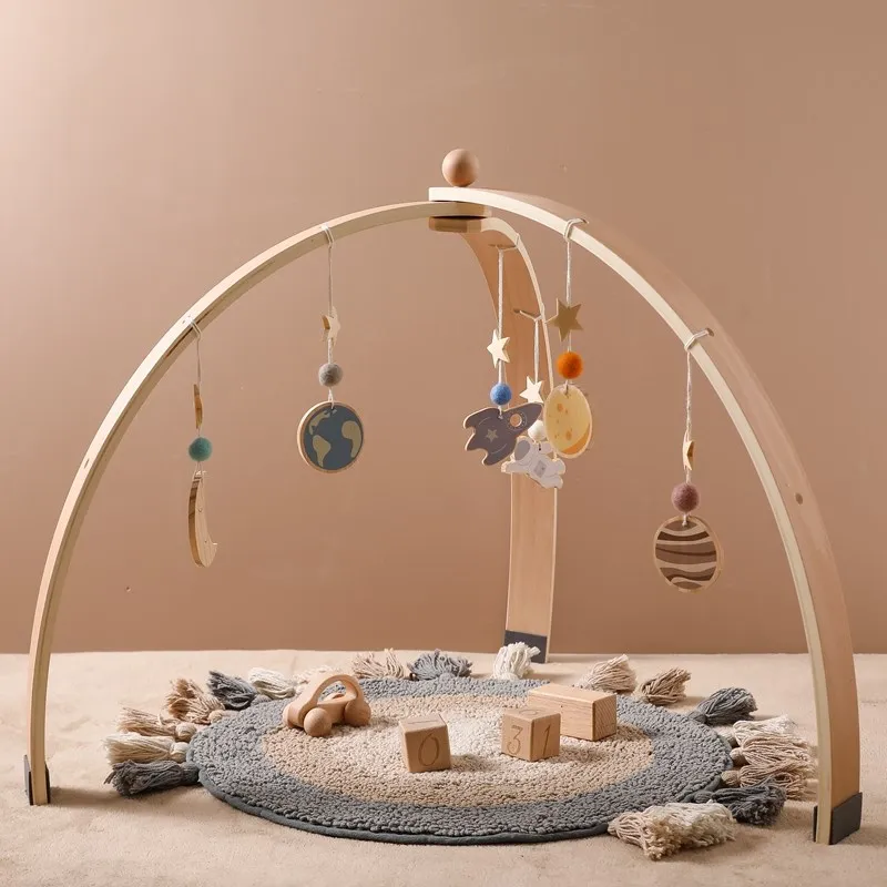 1set Natural Wooden Baby Gym Frame With Star Pendant Triangular Curved Shape Foldable Activity Gym Toys Shower Gifts Room Decor