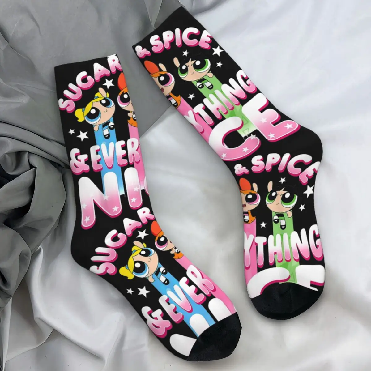 Powerpuff Girls Sugar And Spice & Everything Nice Socks Funny Stockings Breathable Outdoor Socks Autumn Pattern Anti-Slip Socks