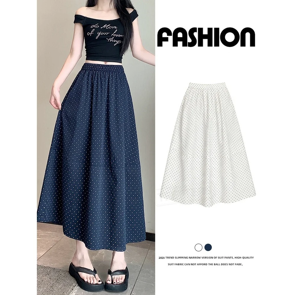TFETTERS Women Summer White Polka Dot Long Skirt Elastic High Waist A Line Midi Skirt Casual Loose Beach Vacation Maxi Skirt
