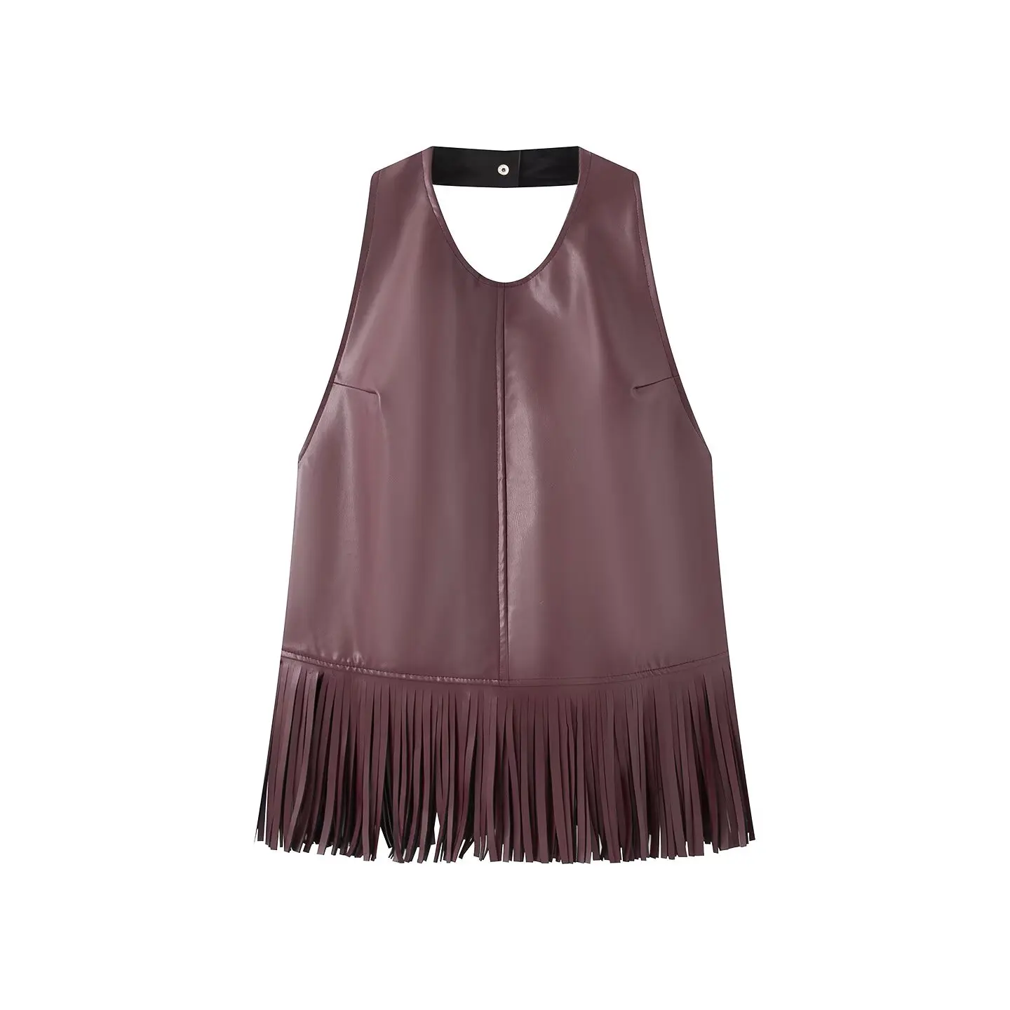 Nlzgmsj 2026 Elegantes Vintage Kunstleder Ärmelloses Top mit Tiefem Rückenausschnitt und Fransenbesatz Crop-Weste Sexy Abendparty-Tanktop – Detail 2