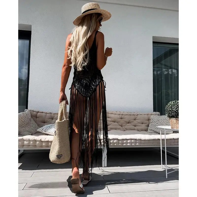 2024 Beach Cover Ups for Swimwear Women Sexy Hand Hook Hollow Out Sunscreen Shirt with Long Tassel Beach Cover