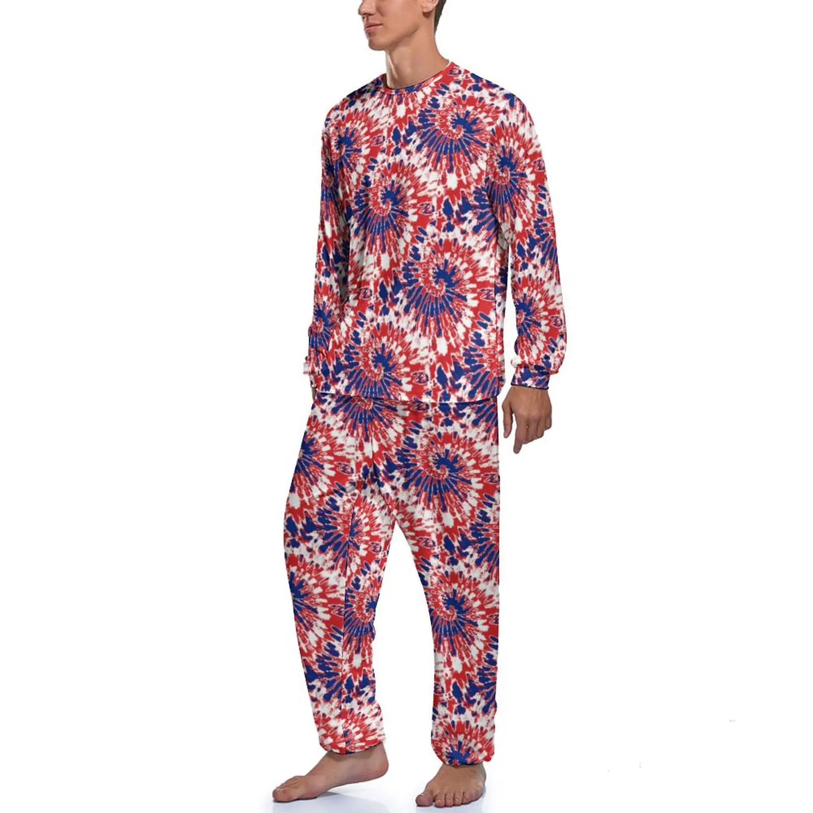 Firework Tie-Dye Pajamas Red White Blue Mens Long Sleeve Cool Pajama Sets 2 Piece Home Daily Design Home Suit Birthday Present