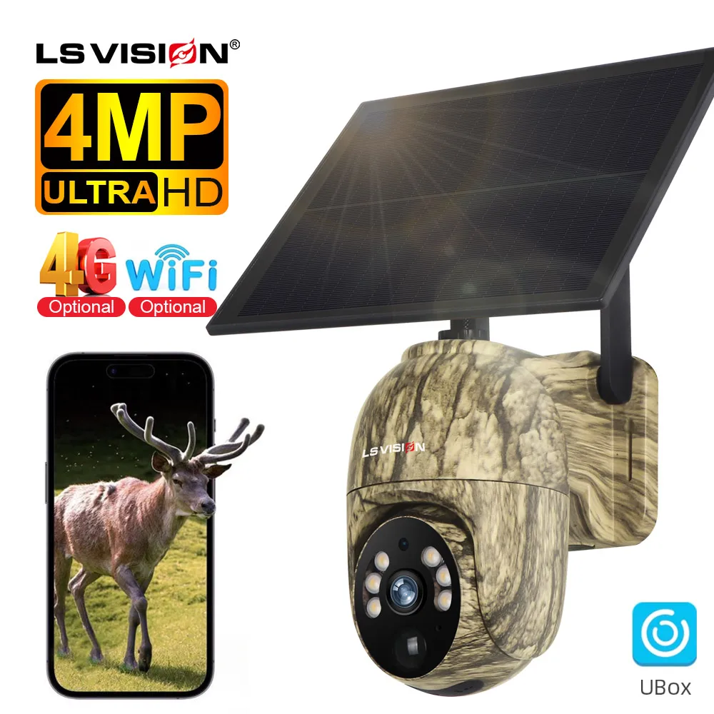 LS VISION 4MP Solar Powered Trail Camera Outdoor 2K 4G/WiFi PTZ Human/Animal Detection Two-way Talk IP66 Waterproof CCTV Cameras