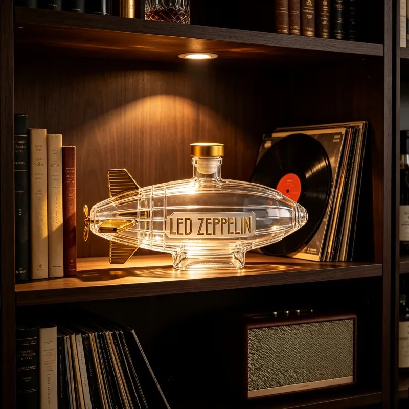 Led Zeppelin Zeppelin Shaped Glass Decanter Novelty Whiskey Liquor Bottle Gold Accent Music Fan Collection Gift