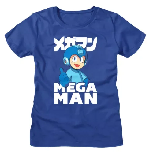 MegaMan Chibi Kanji Thumbs-up Women's T Shirt Rokkuman Blue Hero Ready to Attack