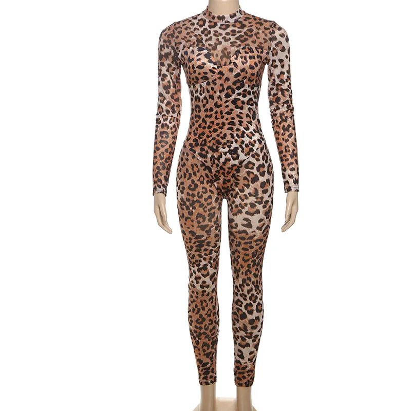 Leopard Printed Long Sleeve Bodysuit for Women O-Neck Zipper Back Slim Fitted Shapewear Sexy Lingerie Costume Rompers Jumpsuits
