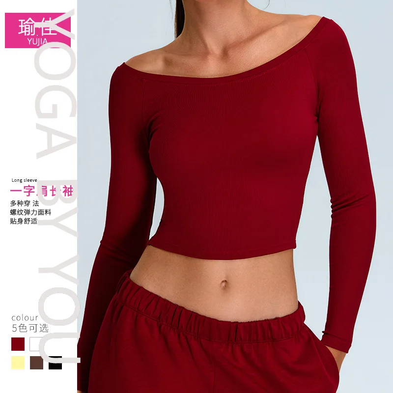 

Новинка 2025, весенняя одежда для йоги с плотной нитью, женская футболка для фитнеса с одним словом на плечах, спортивный топ с длинными рукавами для пилатеса и бега