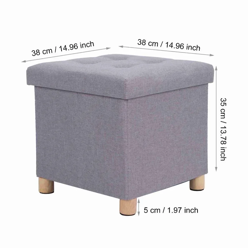 Folding Storage Square Foot Rest Stool with 4 Wooden Legs and Removable Cushion (Light Gray)