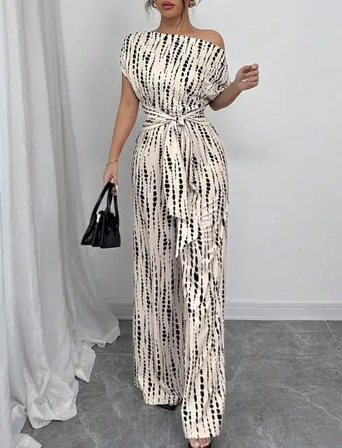 

Элегантный и модный комбинезон в британском стиле, летний полосатый комбинезон с принтом на шнуровке на талии и диагональным воротником для женщин