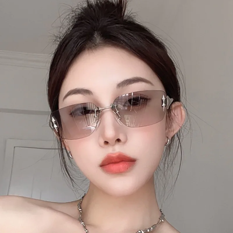 Rectangle Rimless Suneyeglass Lady Brand Design Metal Rivet Sunglasses Outdoors Casual Vacation TRAVEL UV Protection